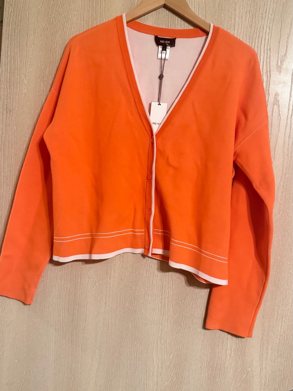 ME+EM Bright Orange Reversible V‑Neck Button Front Cardigan with White Trim